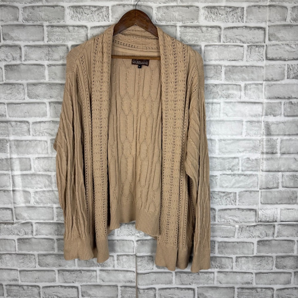 Overland Womens XL Tan Beige 100% Cotton Cable Knit Open Front Cardigan Peru